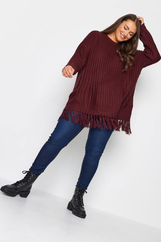 YOURS Plus Size Berry Red Fringe Detail Knitted Jumper | Yours Clothing 4