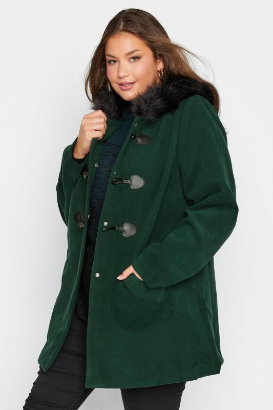 Plus Size  Curve Forest Green Faux Fur Trim Duffle Coat