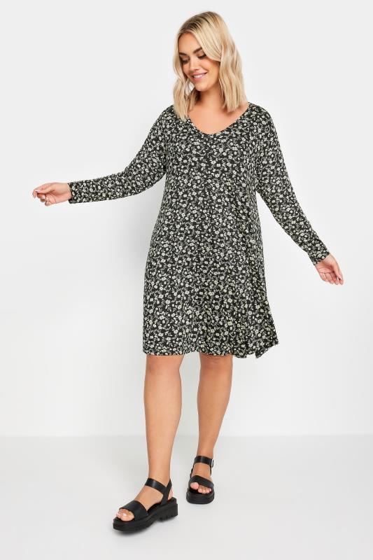 YOURS Plus Size Black Ditsy Floral Print Swing Dress | Yours Clothing 1