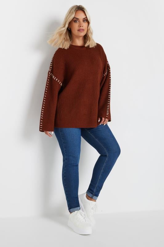 YOURS Plus Size Rust Orange Contrast Blanket Stitch Jumper | Yours Clothing 2