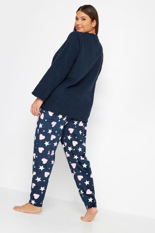 YOURS Plus Size Navy Blue Star & Heart Print Teddy Fleece Lounge Set | Yours Clothing 4