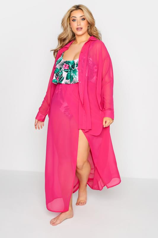 Plus Size Hot Pink Sheer Beach Shirt | Yours Clothing 2