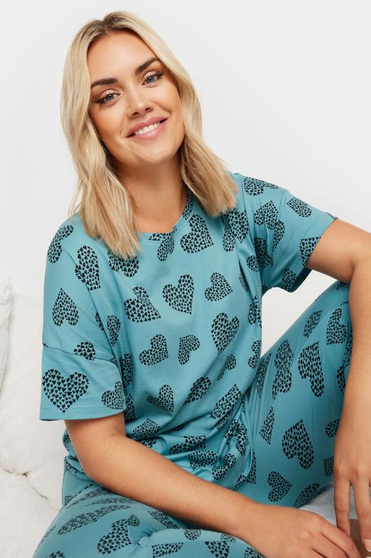 YOURS Plus Size Blue Cluster Heart Print Pyjama Set | Yours Clothing 4