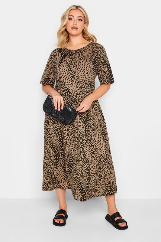 YOURS Plus Size Brown Mixed Animal Print Midi Smock Dress | Yours Clothing 2