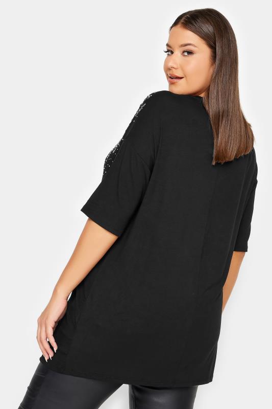 YOURS Plus Size Black Sequin Embellished Neckline T-Shirt | Yours Clothing 3