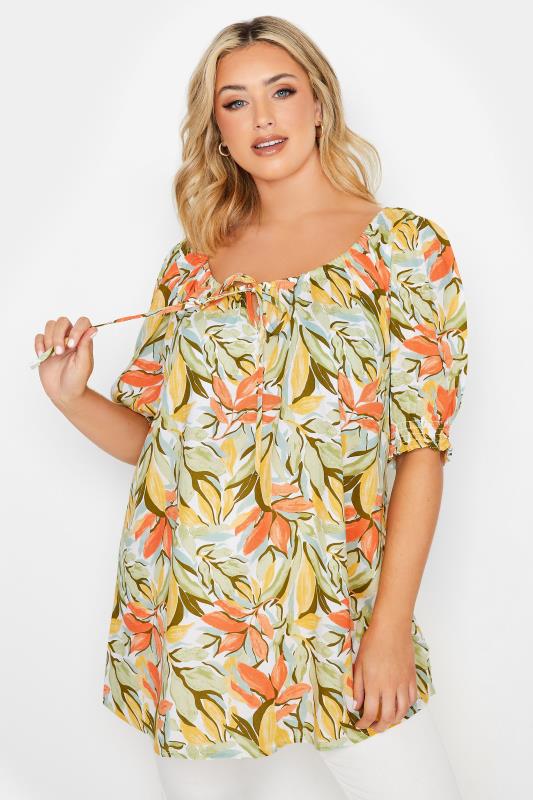 Plus Size  YOURS Curve White & Green Leaf Print Gypsy Top