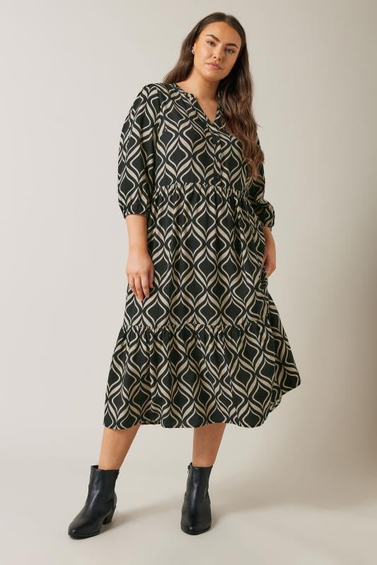 EVANS Plus Size Black Geometric Print Midi Dress | Evans 1