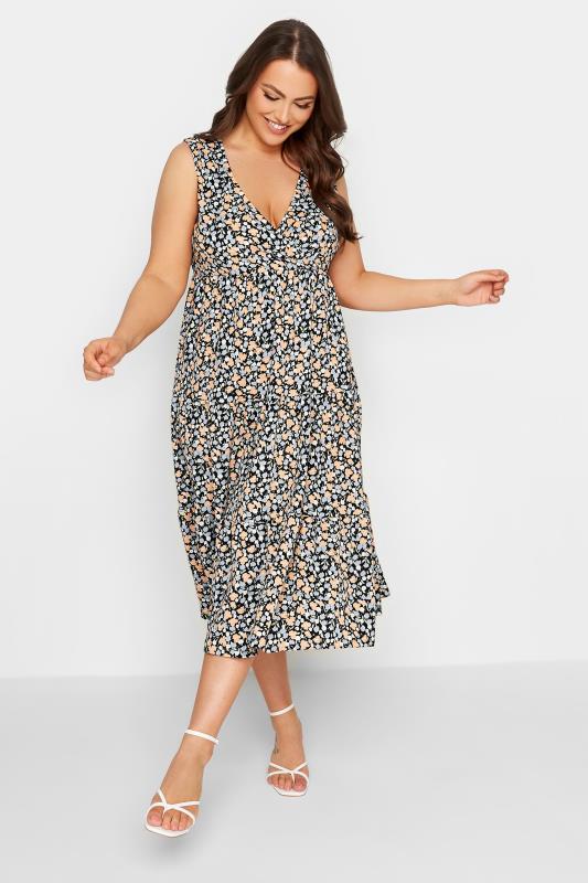 YOURS Plus Size Black Ditsy Print Wrap Midi Dress | Yours Clothing 1