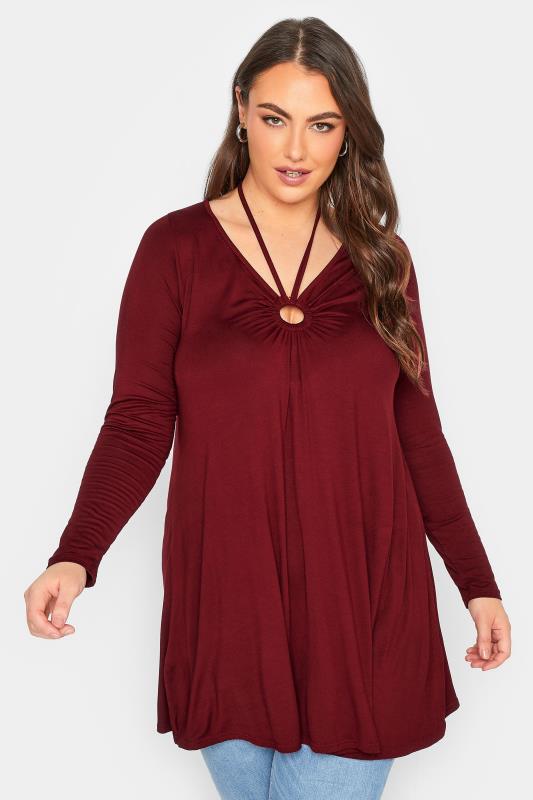 Plus Size Berry Red Keyhole Tie Neckline Swing Top | Yours Clothing 1
