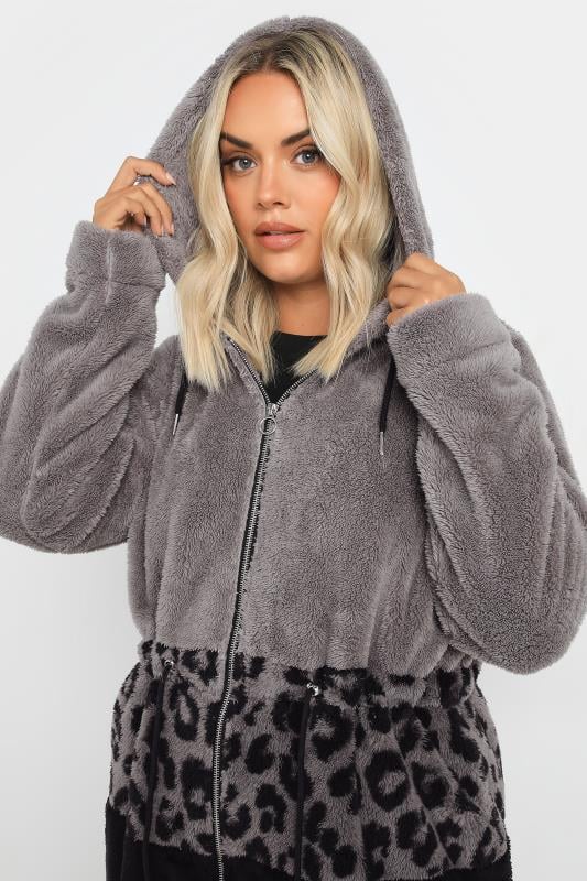 YOURS Plus Size Grey Leopard Print Colour Block Fleece Jacket | Yours Clothing 4