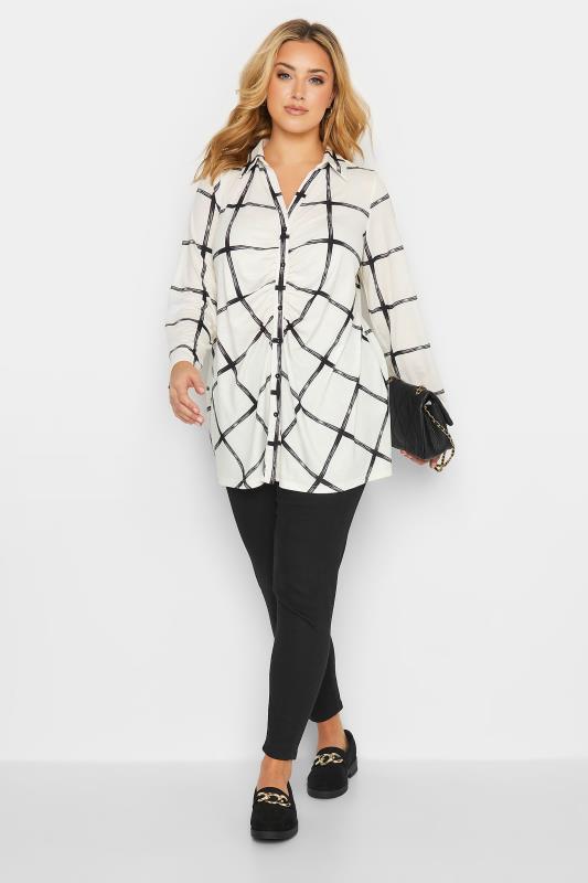 Curve Plus Size White Ruched Front Checked Shirt | Yours Clothing  2