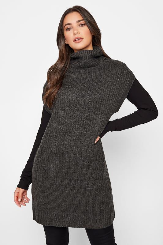 Tall  LTS Charcoal Grey Roll Neck Longline Knitted Vest