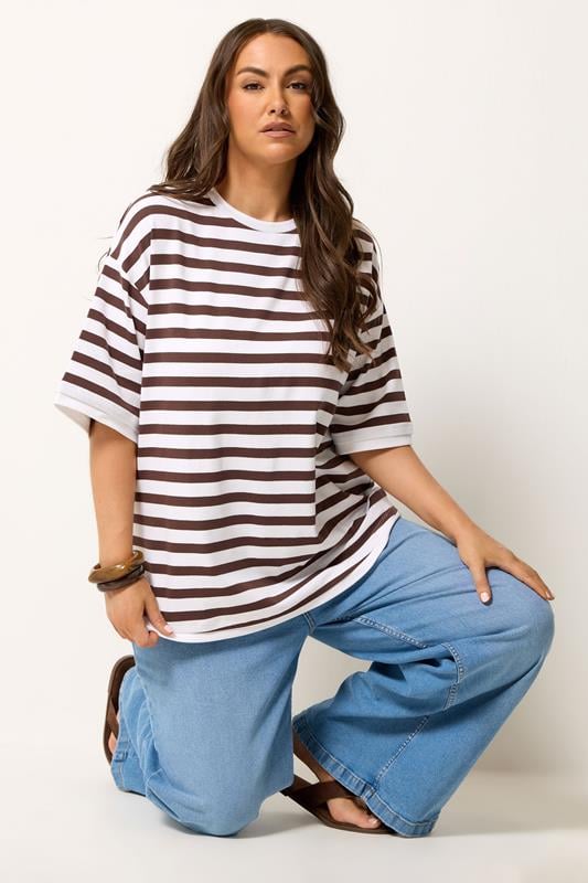  YOURS chocoladebruin gestreept longline ringer T-shirt