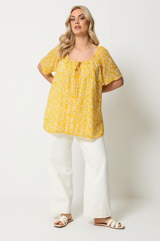 YOURS Plus Size Black & White Floral Tie Neck Pintuck Blouse | Yours Clothing 1