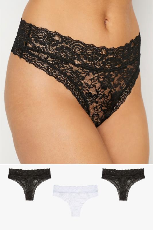  Grande Taille LTS 3 PACK Tall Black & White Floral Lace Thongs