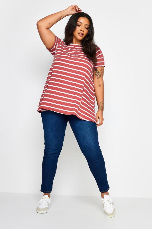 YOURS Plus Size Red Stripe Ribbed Swing T-Shirt | Yours Clothing 2