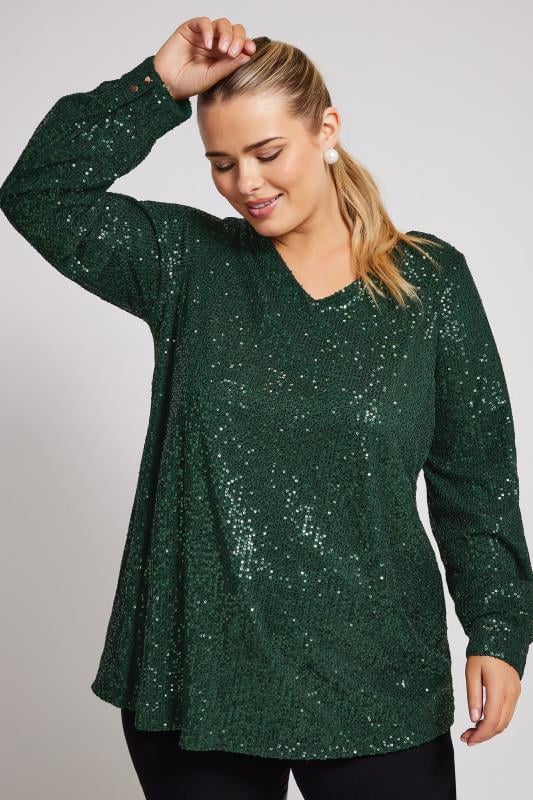 Plus Size  YOURS LONDON Curve Green Sequin V-Neck Top