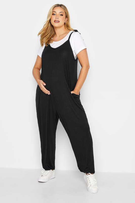 BUMP IT UP MATERNITY Plus Size Black Oversized Jumpsuit | Yours Clothing 2