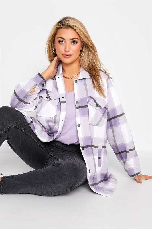  Grande Taille Curve Lilac Purple Check Print Shacket