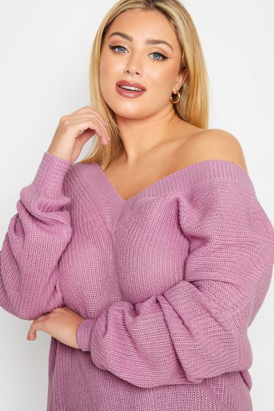 YOURS Plus Size Lilac Purple Double V-Neck Jumper | Yours Clothing 4
