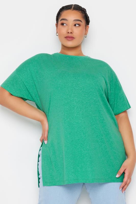 YOURS Plus Size Green Oversized Linen T-Shirt | Yours Clothing 1