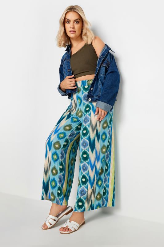 YOURS Plus Size Blue Abstract Print Textured Wide Leg Trousers | Yours Clothing 2