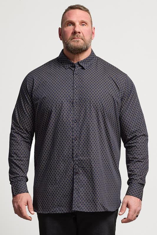 D555 Big & Tall Navy Blue & Gold Geometric Print Shirt | BadRhino 1