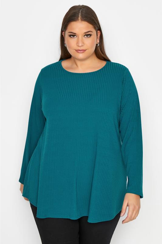 LIMITED COLLECTION Curve Teal Blue Ribbed Top_A.jpg
