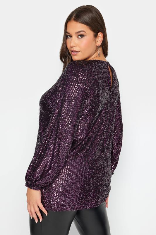 YOURS LONDON Plus Size Purple Sequin Keyhole Long Sleeve Top | Yours Clothing 3