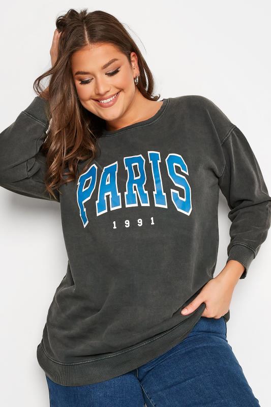 Plus Size Charcoal Grey 'Paris' Slogan Sweatshirt | Yours Clothing 1