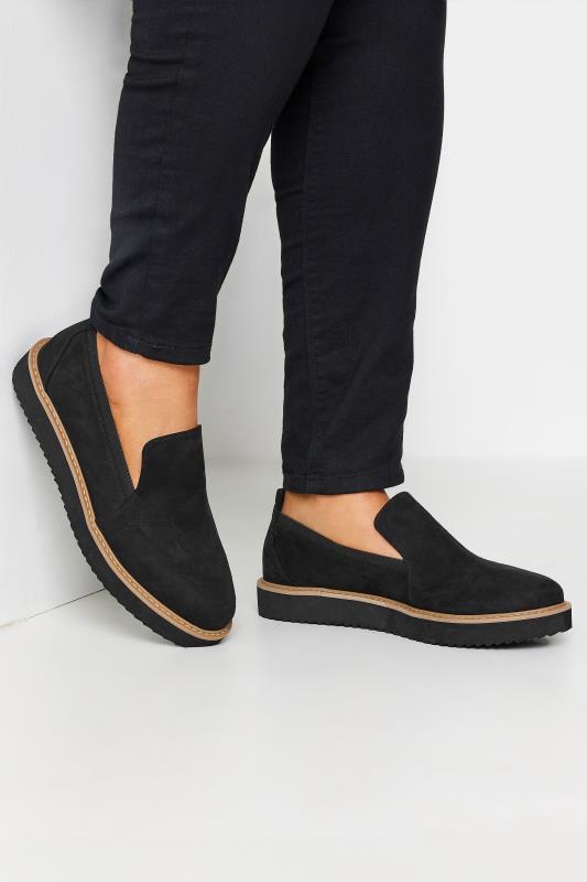 Black Faux Suede Slip On Loafers In Extra Wide EEE Fit | Yours Clothing 1