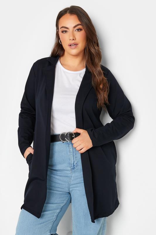 Curve Navy Blue Longline Jersey Blazer | Yours Clothing  1