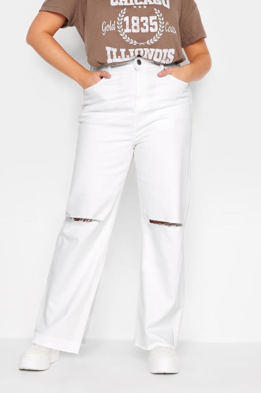 Yours Plus Size White Ripped Wide Leg Jeans | Yours Clothing 1