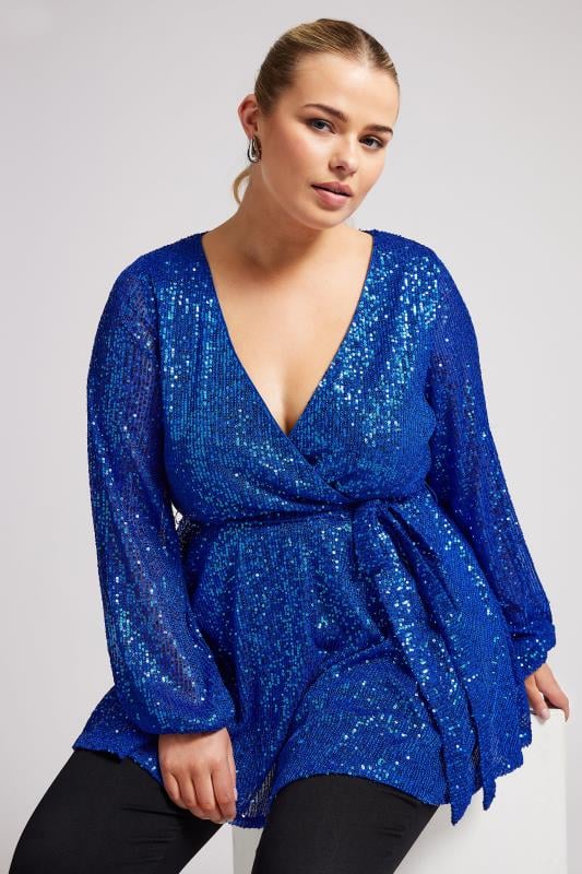 YOURS LONDON Plus Size Blue Sequin Wrap Top | Yours Clothing 2