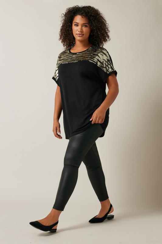 EVANS Plus Size Black & Gold Sequin Embellished T-Shirt | Evans 3