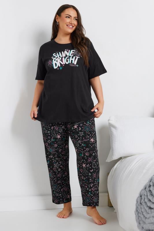 YOURS Plus Size Black 'Shine Bright' Wide Leg Pyjama Set | Yours Clothing 2