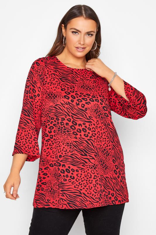YOURS LONDON Red Mixed Animal Print Zip Blouse_A.jpg