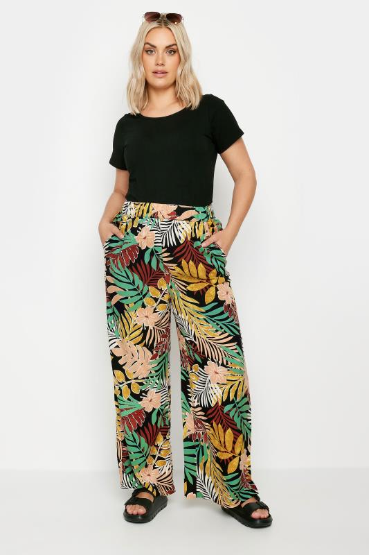 YOURS Plus Size Black Tropical Print Wide Leg Trousers | Yours Clothing 3