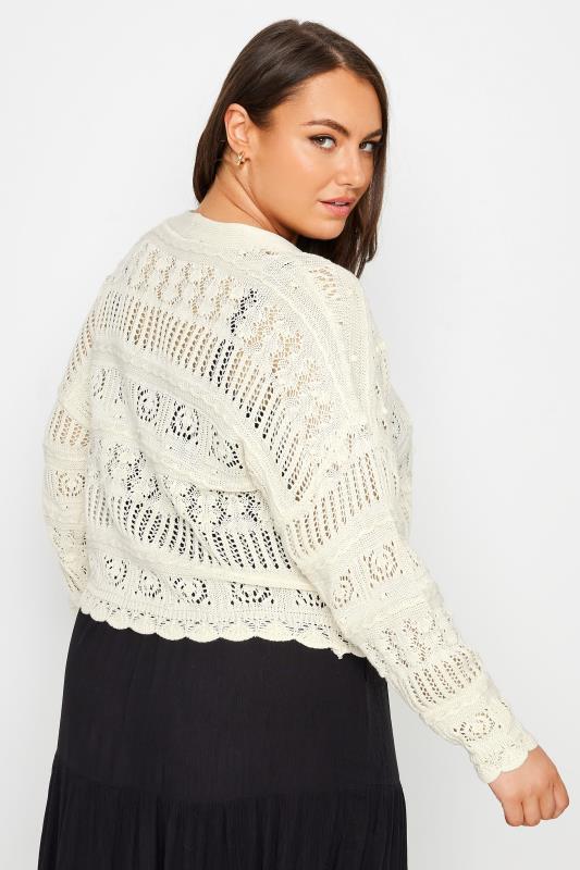 YOURS Plus Size Ivory White Pure Cotton Cropped Pointelle Cardigan | Yours Clothing 3