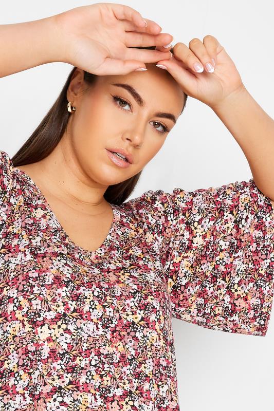 YOURS Plus Size Red & Pink Floral Print Angel Sleeve Top | Yours Clothing 4