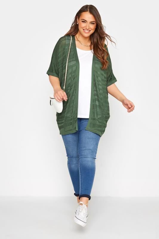 Plus Size Khaki Green Stripe Short Sleeve Cardigan | Yours Clothing  2