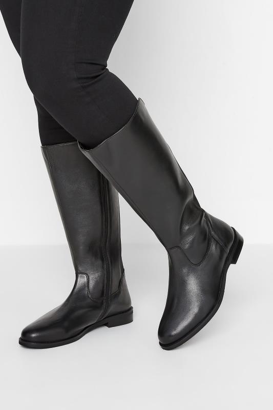 Plus Size  Black Elasticated Knee High Leather Boots In Wide E Fit & Extra Wide EEE Fit