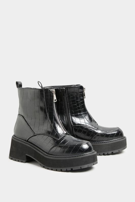 Black Croc Leather Look Zip Chunky Boots In Wide Fit | Yours Clothing 2
