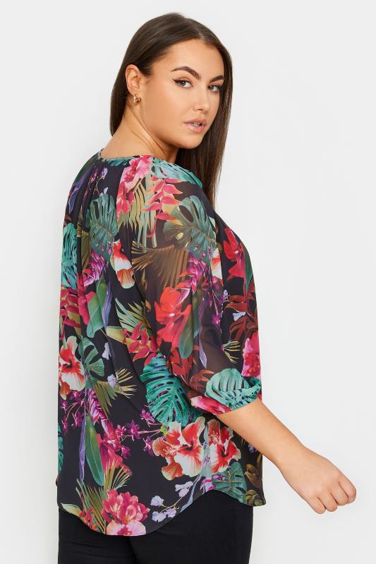 YOURS Plus Size Black Tropical Print Tie Neck Blouse | Yours Clothing 3