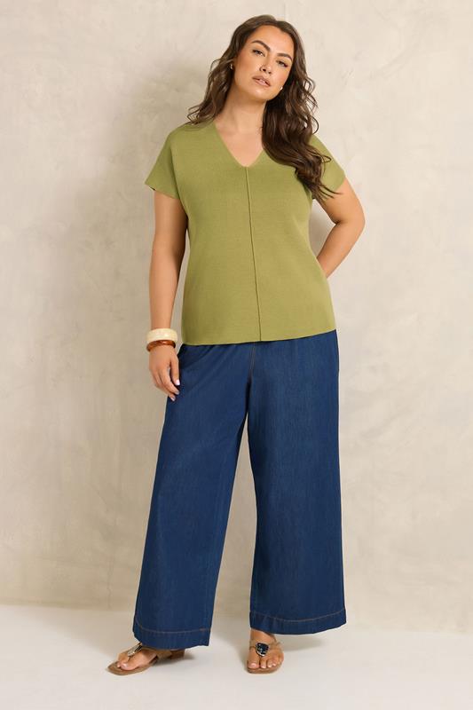 EVANS Plus Size Olive Green V-Neck Knitted Top | Evans 1