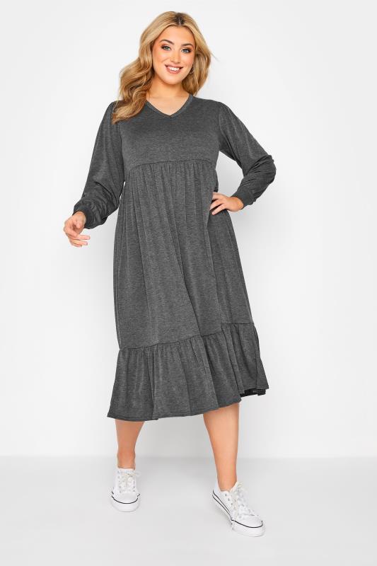 LIMITED COLLECTION Plus Size Grey Long Sleeve Tiered Dress | Yours Clothing 1
