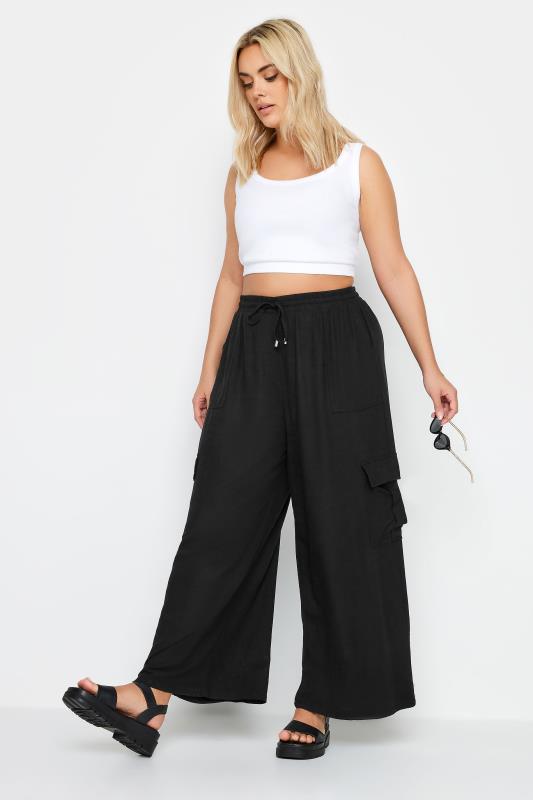 YOURS Plus Size Black Linen Wide Leg Cargo Trousers | Yours Clothing 2