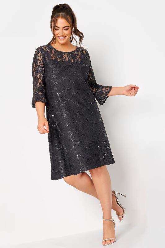 Tallas Grandes YOURS Curve Black Lace Sequin Embellished Swing Dress