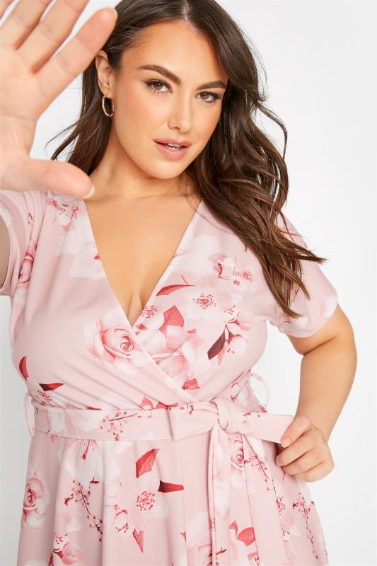 YOURS LONDON Plus Size Blush Pink Floral Wrap Skater Dress | Yours Clothing 1