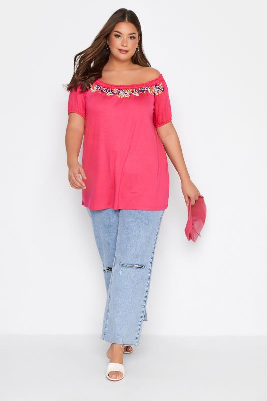 Curve Pink Embroidered Floral Print Bardot Top 2